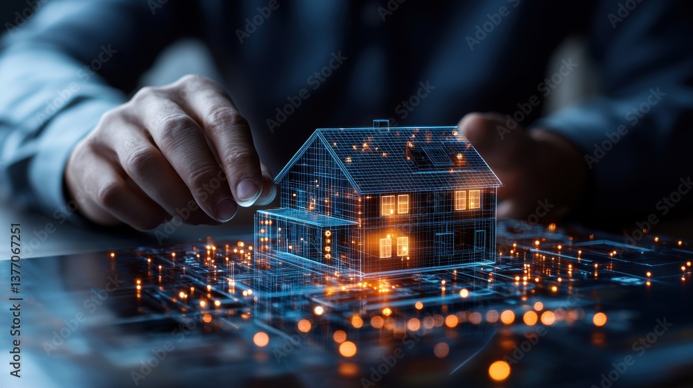 Poster close-up of hands interacting with innovative 3d digital house model showcasing advanced smart home 