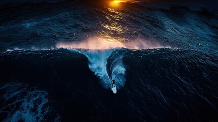 Surfer rides giant wave at sunset, ocean, dramatic