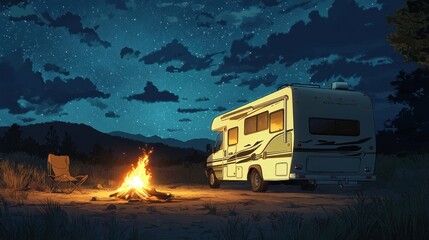 Camping Under Starry Night Sky with Rv and Campfire Scene