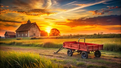 Fototapeta premium Vintage Red Wagon Double Exposure: Rustic Farm Scene & Sunset