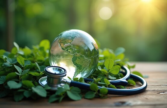 Glass globe with continents illustration, stethoscope nestled in green foliage. Concept of environmental health care eco-medical awareness in natural environment. Sustainable, green, organic, healthy