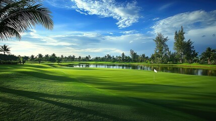 Naklejka premium Serene Golf Course Landscape: Lush Greens, Tranquil Waters, and Palm Trees Under a Summer Sky
