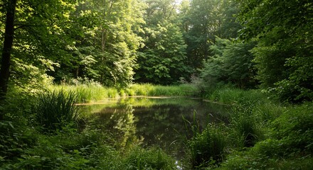 Fototapeta premium Serene Pond Reflects Golden Sunlight Lush Forest. AI Generated