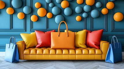 Colorful Sofa with Shopping Bags and Decor