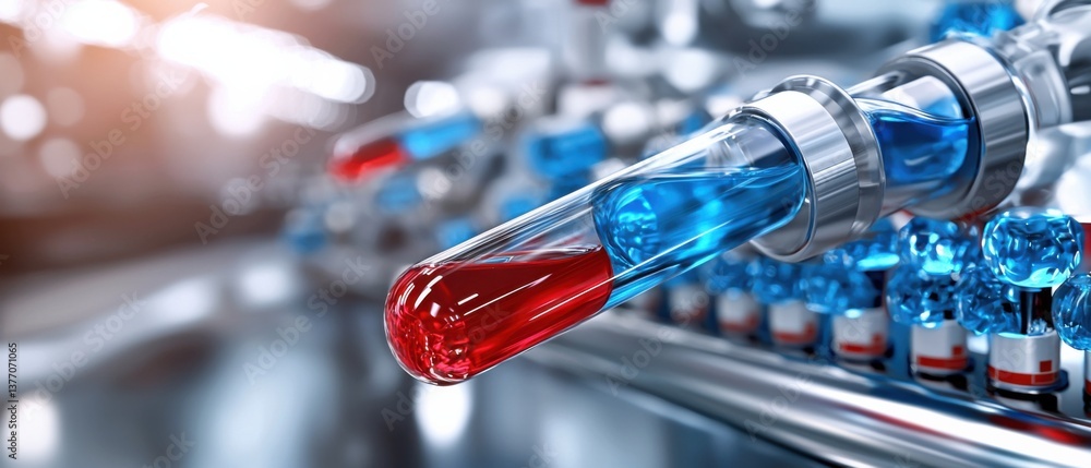 Poster closeup view of a modern laboratory setting with various test tubes and beakers filled with blue liq