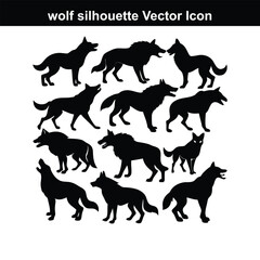 Simple vector illustration of a wolf and a dog in black and white silhouette.