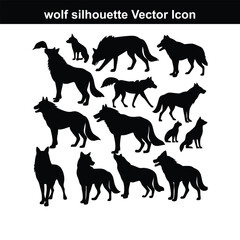 Simple vector illustration of a wolf and a dog in black and white silhouette.