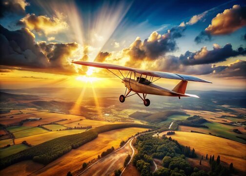 Vintage Ultralight Aircraft Flight Over Scenic Landscape - Stock Photo