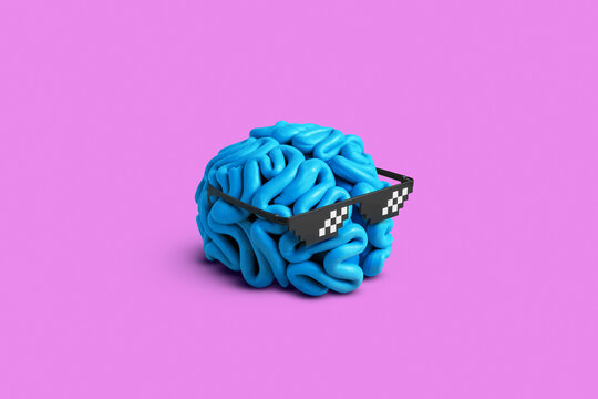 Brain in sunglasses on pink background