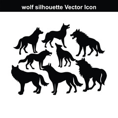 Simple vector illustration of a wolf and a dog in black and white silhouette.