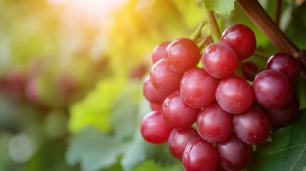 Sunlit red grapes hanging vine, vineyard, harvest