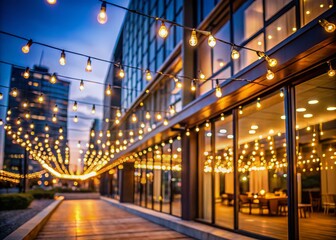 Warm Evening Glow: String Lights Adorn Modern Building Facade