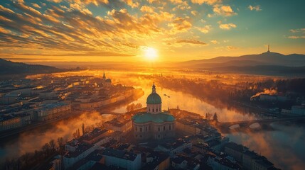Fototapeta premium Salzburg Sunrise Cityscape Aerial