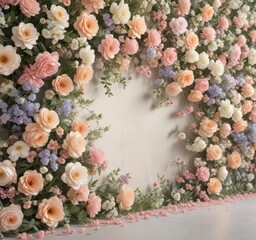 Obraz premium Artificial flowers wall in a vintage style with soft pastel colors and delicate petals , vintage, flowers, wall