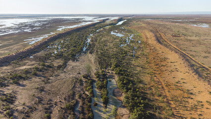 Drone shot of the bush near Bedourie, Diamantina Shire, channel country, Queensland, during March...