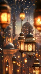 Fototapeta premium Illuminated Lanterns Hang Over Mosque Cityscape