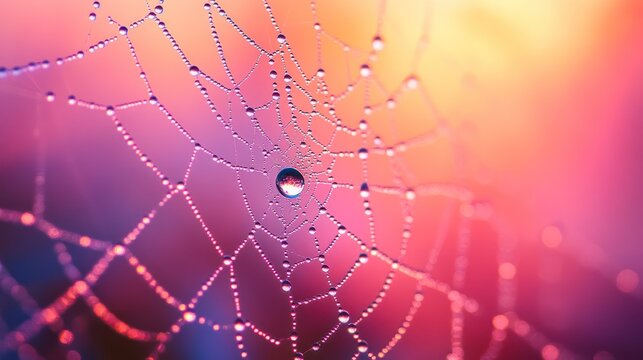 Dew-covered spiderweb, sunrise backdrop, nature macro, vibrant colors, website banner