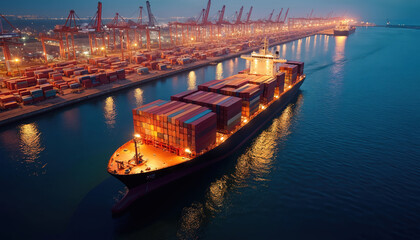 Obraz premium Cargo ship sails industrial port at dusk. Containers on commercial dock. Crane loading, unloading containers. Logistics, transportation, global business, import export, international trade. Night