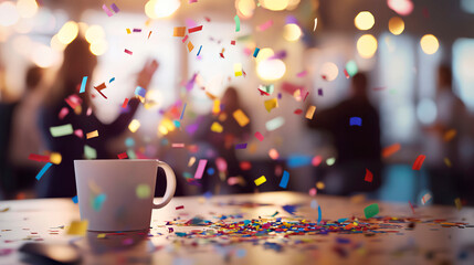 Festive confetti falling over an office desk with a white mug, blurred people celebrating in the background, symbolizing corporate success and teamwork. 