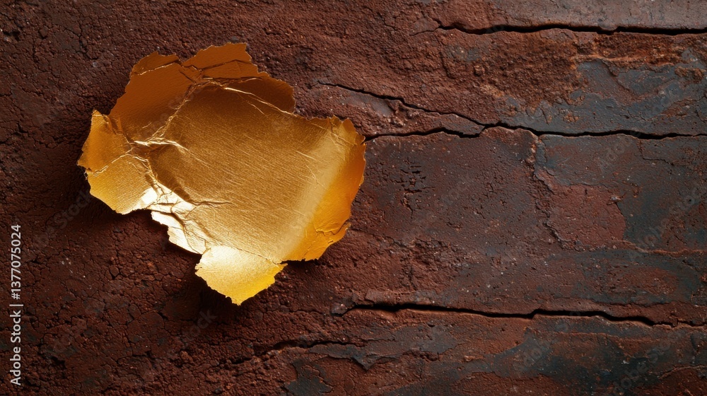 Poster shimmering golden paper with a reflective, metallic finish is artfully taped onto a weathered, rusti
