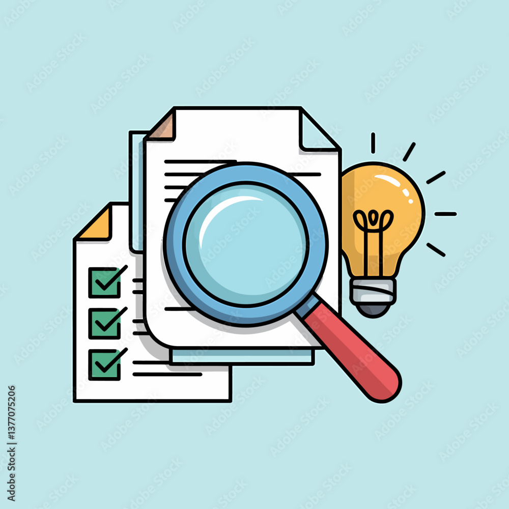 Poster creative solution: magnifying glass analyzing checklist and light bulb icon for business and project