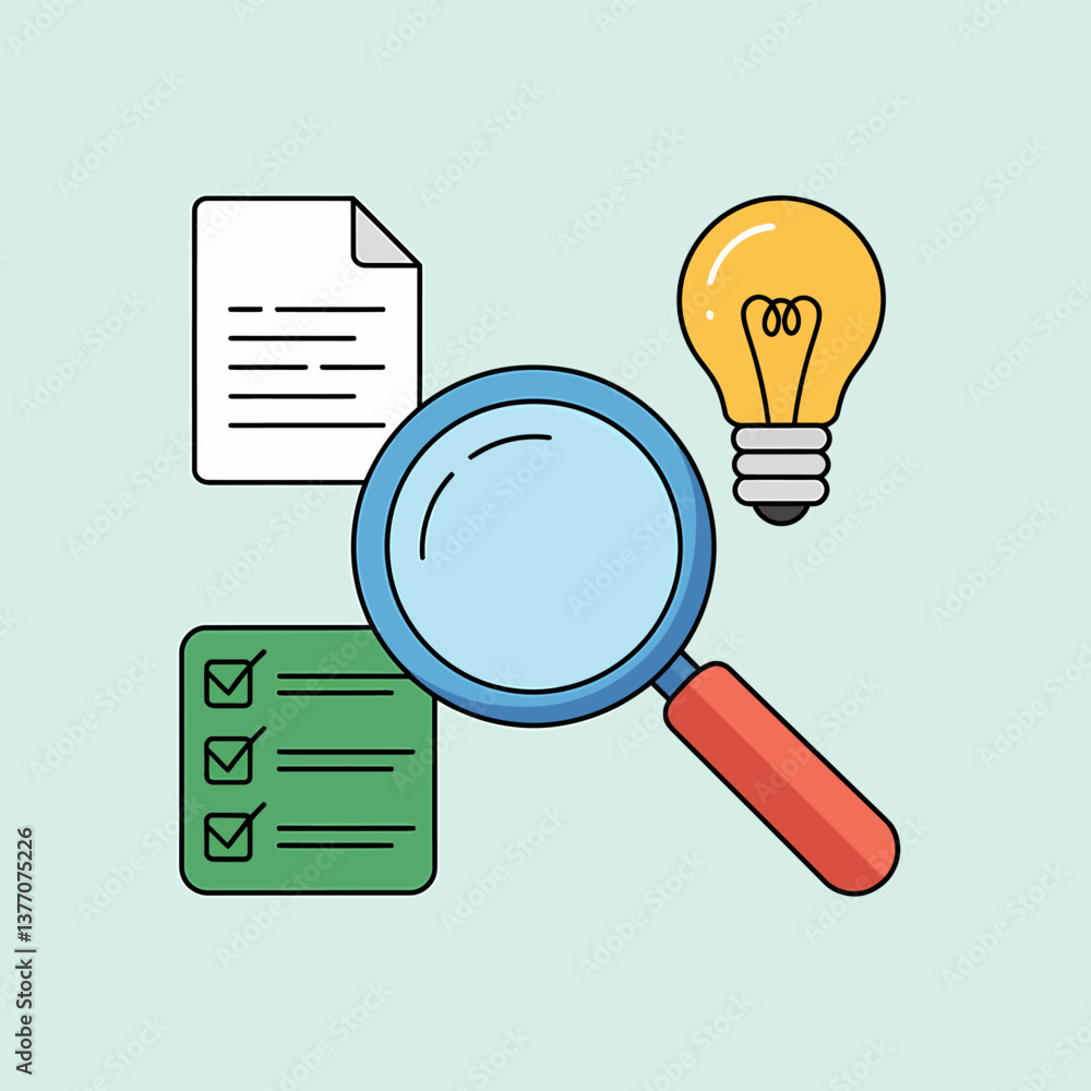 Poster business idea validation concept: checklist, document, lightbulb and magnifying glass icon set for p