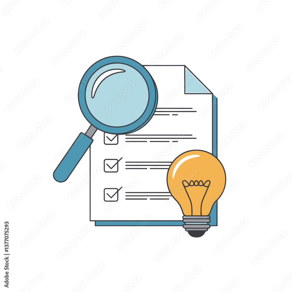 Poster checklist analysis: magnifying glass, idea bulb, and document with check marks for innovation and re