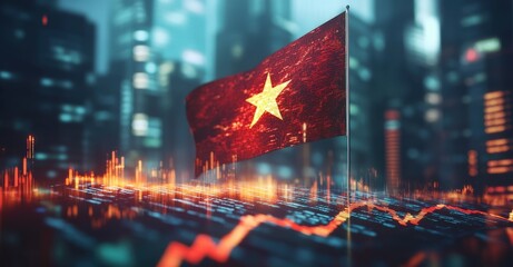 Vietnamese flag amidst a futuristic digital cityscape in vibrant colors symbolizing economic growth and modernity.