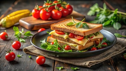Aromatic Grilled Sandwich with Melted Cheese, Fresh Tomatoes, and Leafy Greens Served on Rustic Wooden Table