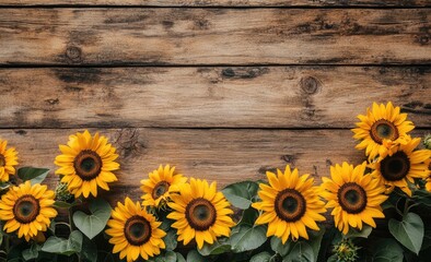 Rustic sunflower border on weathered wood