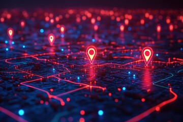 Digital map interface with glowing red location markers and circuit patterns symbolizing connectivity.