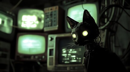 A surreal scene featuring a robotic cat with glowing eyes in front of vintage televisions displaying static and digital text in a dimly lit room