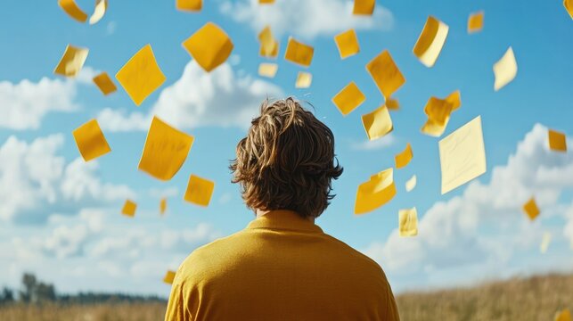 Man, yellow notes, sky, field, ideas, brainstorming, outdoor, summer, overwhelmed, advertising