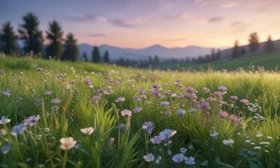 Obraz premium Delicate watercolor flowers in a lush green meadow at dusk, floral, green, garden