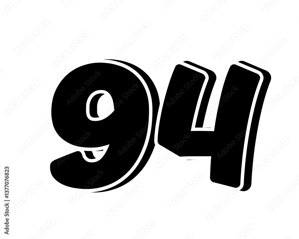 Poster stylized black number 94 on transparent background, with a bold, 3d appearance and shadow effects fo