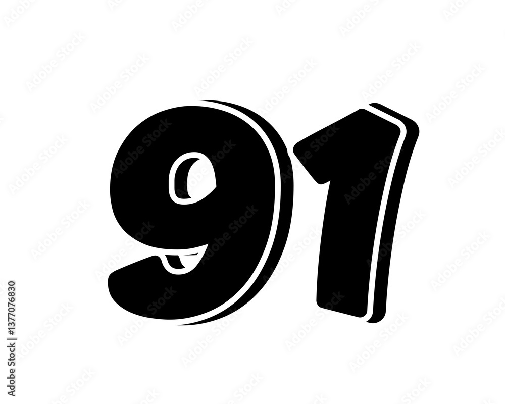 Poster stylized black number 91 on transparent background, with a bold, 3d appearance and shadow effects fo