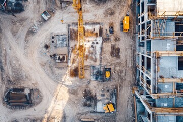 Aerial view of active construction site with crane, machinery, and partially built structure