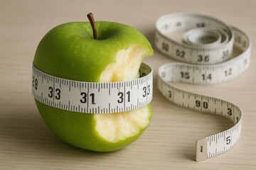 A Bite of Wellness: A fresh green apple with a bite taken out, encircled by a measuring tape, symbolizing health, diet, and weight loss goals