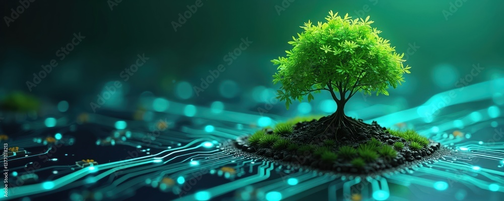 Leinwandbilder green tree grows on computer circuit board. concept eco-friendly tech, sustainable computing. repres