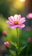 Fototapeta premium A delicate flower blooms in a soft focus garden, greenery, foliage