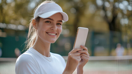 A female tennis player smiles and holds a cell phone in her hand while standing on a tennis court. She is wearing a white shirt and a white visor