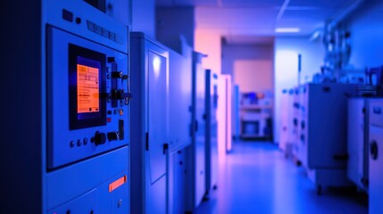 Lab equipment control panel, illuminated corridor, research facility, night