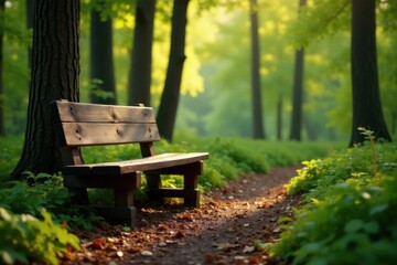 A rustic wooden bench in a forest surrounded by trees and foliage, earthy tones, organic surroundings, rustic