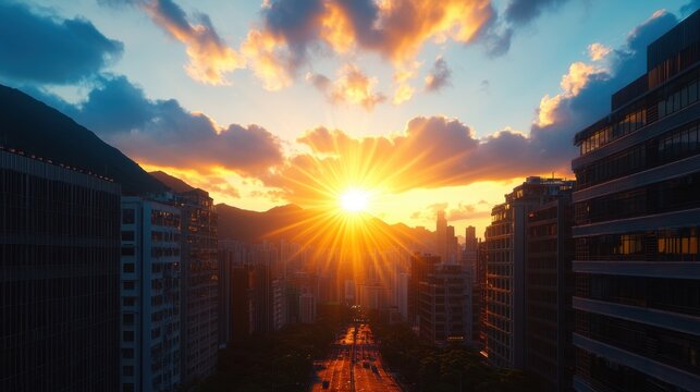 Vibrant sunset over a cityscape with radiant glow illuminating tall buildings and streets, sunbeams piercing through clouds in evening sky beauty