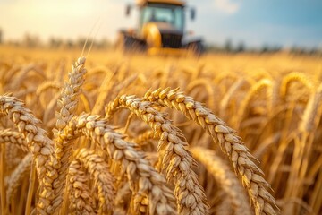 Golden wheat field with a tractor in the distance during harvest at sunset creating a warm rural scene.