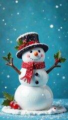 Obraz premium A snowman with a blue background, festive holly and red berries, blue background, winter