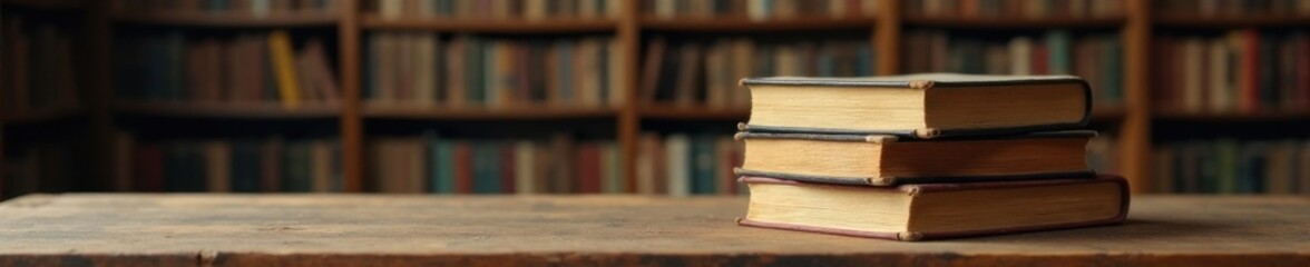 A stack of books placed on a wooden table in an old library, knowledge, library