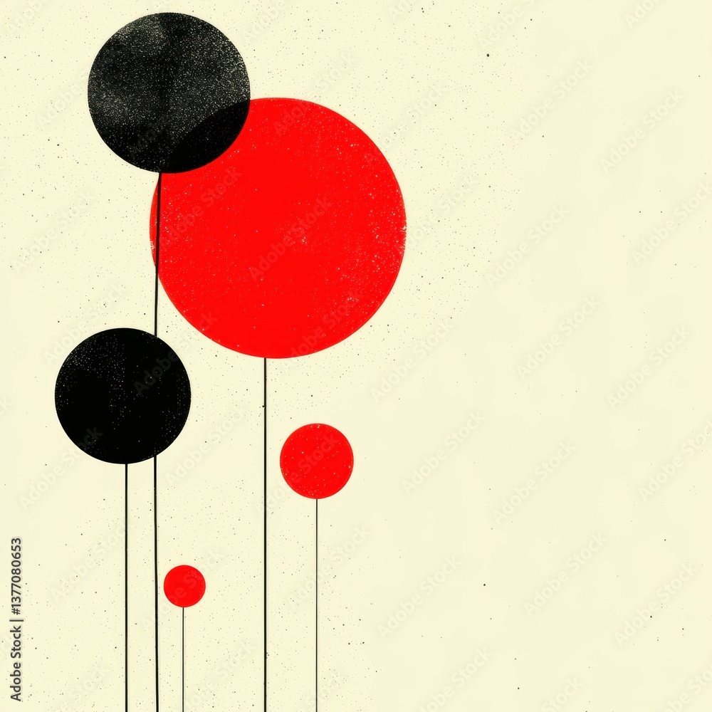 Poster abstract art featuring bold red and black circles on a light background, creating a striking visual 