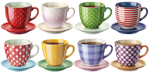 Collection of Teacups: A vibrant array of meticulously arranged teacups, each adorned with a unique pattern and paired with a matching saucer, a perfect visual treat.