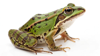 Obraz premium Side View of a Green Frog with Brown Spots on White Background